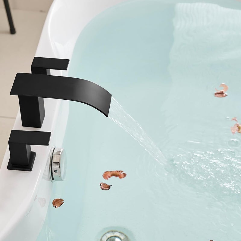 RUMOSE Matte Black Roman Bathtub Faucet Set Waterfall Tub Faucets High Flow Widespread 6-16 Inch 3 Holes Deck Mount Tub Filler 2 Handles Bathtub Filler Soaking Bath Faucet - Image 5
